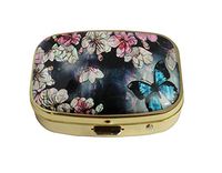 LCTCKP Custom Fashion Square Glass Gold Pill Case Decorative Metal Western Medicine Tablet Container Box (Blue Butterfly)