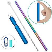 Telescopic Reusable Rainbow Straws - Portable Stainless Steel Metal Drinking Straw with Red Travel Case & Cleaning Brush (blue)
