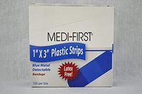 Medi-First Blue Plastic Bandage Strips, Metal Detectable, 1 x 3 Inch - 1/Box of 100