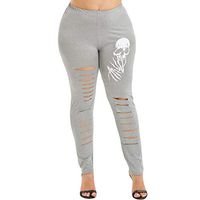 Womens Ripped Leggings High Waist Tummy Control Full Length Stretchy Pants Plus Size Sexy Cut Out Rip Leggings Fitness Skiny Capris Workout Sport Gym Yoga Active Skull Print Tights Running Pants