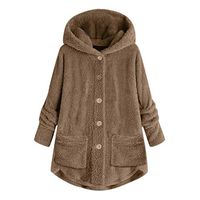 ✷ HebeTop ✷ Women Fuzzy Fleece Jacket Button Open Front Hooded Cardigan Coat Outwear Pockets Khaki