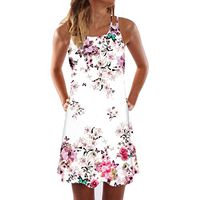 Women's A Line Dress Sleeveless,Ladies Floral Printed O-Neck Swimg Causal Plus Size Beach Mini Dress