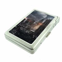 Cigarette Case with Built in Lighter Dystopia Wasteland Imaginary Terror S29 Smoking King Size Cigarettes Silver Metal Wallet 4" X 2.75" RFID Protection Futuristic Socieity of Destruction Mayhem Art