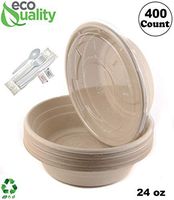 400 Count - 24oz Round Disposable Bowls with Lids and Cutlery - Natural Sugarcane Bagasse Bamboo Fibers Sturdy Compostable Eco Friendly Environmental Paper Plastic Bowl Alternative - Fork,Spoon,Knife