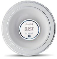 [10 Count - 12 Oz Bowls] Laura Stein Designer Tableware Premium Heavyweight Plastic White Soup Bowl with Silver Border, Party & Wedding Plate Classic Series Disposable Dishes
