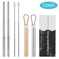 Tenghebao Reusable Drinking Telescopic Straws, Collapsible Food-Grade Portable Straws Straw Cleaning Brush Keychain and Aluminum Case,Travel Pocket Size (Silver and Gold)