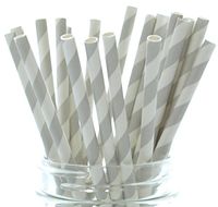 Silver Retro Paper Straws - 25 Pack – Gray Wedding Reception Straws, Grey Birthday Party Celebration, Silver Striped Straws