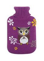 Large 2 Liter Classic Rubber Hot Water Bottle with Purple Soft Knit Cover, A Owl