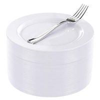 BUCLA 100Pieces White Plastic Plates with 100Pieces Silver Plastic Forks-7.5inch White Disposable Salad/Dessert Plates-Premium Heavy Duty Appetizer Plates for Weddings& Parties