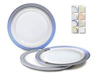 " OCCASIONS" 40 Plates Pack, Heavyweight Disposable Wedding Party Plastic Plates (6.25'' Dessert Plate, Louvre in White/blue & Silver)