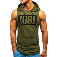 Buedvo Mens Workout Hooded Tank Tops Sleeveless Gym Hoodies Fitness Muscle Print Bodybuilding Pocket Blouse