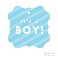 Andaz Press Fancy Frame Square Baby Shower Gift Tags, It's A Boy!, Striped Baby Blue, 24-Pack