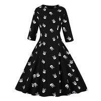 Midress Women's Halloween Dress Skull Print Party Long Sleeve Round Neck Zipper Vintage Swing Long Dress Halloween Costume