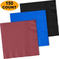 150 Lunch Napkins, Burgundy, Cobalt Blue, Midnight Black - 50 Each Color. 2 Ply Paper Dinner Napkins. 6.5" folded, 13.5" unfolded.
