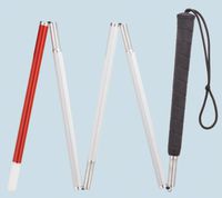 Walking Cane - Four section folding aluminum cane with black rubber grip handle and strap. White shaft is covered with reflector tape for night visibility. Available in even lengths only-from 42" through 54". Replacement tip not available.