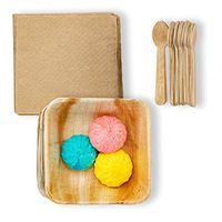 KIKI Green Biodegradable Bowls 5.5 Inch Square Deep [25 Bamboo Bowls 25 Wooden Spoons and 50 Unbleached Napkins] We Use Eco Friendly Products It Is Alternative For Plastic Bowls