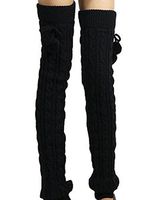 Ewanda store Women 80s Solid Color High Leg Thick Winter Autumn Knit Crochet Hosiery Socks Leg Warmer Footless Knee Socks with Balls Black