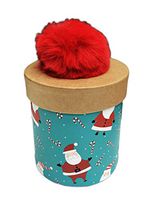 Cute Santa Claus & Falling Candy Canes Red Fuzzy Pom Pom Embellished Small Decorative Holiday Gift Box (Cylinder)