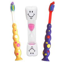 Dental Aesthetics UK Childrens Toothbrushes with Pink Smile Sand Timer Set of 2 Yellow & Purple Brushes