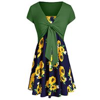 Womens Sunflower Short Sleeve Midi Dresses Bow Knot Bandage Tops Suit Summer Casual Straps Cover Up Mini Tshirt Dress Loose Swing Flowy Pleated Floral Sun Dress