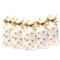 Prudance 50pcs Candy Cookies Drawstring Gift Bags 9” x 6”, Gold Dot Plastic Treat Bags with Bow-Tie for Christmas, Birthday, Wedding, Party Favor Gifts Bag.