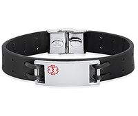 Personalized Free Engraving Quality Genuine Leather Medical Alert ID Bracelet (Black Leather)