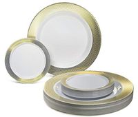 " OCCASIONS" 240 Plates Pack, Heavyweight Premium Disposable Plastic Plates Set 120 x 10.5'' Dinner + 120 x 6.25'' Dessert/Cake Plates (Diamond in White & Gold Rim)