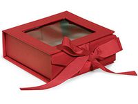 Pack of 24, 4 x 4 x 1-5/8" Small Solid Red Gourmet Folding Boxes w/Ribbon Closures & Window Lid for Christmas & Valentine