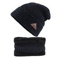 Theoylos Men's 2-Pieces Beanie Hat Scarf Set Warm Knit Hat Men Thick Fleece Lined Skull Cap Winter Windproof Ski Cap Navy