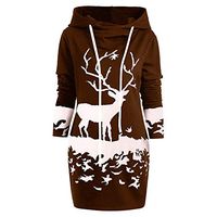 Coupondeal Womens Christmas Monochrome Reindeer Printed Hooded Drawstring Mini Dress(Coffee,S)