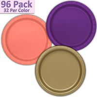 96 Paper Dinner Plates (9") - Deep Purple, Coral, Gold - 32 Per Color, 3 Colors - Great Assortment for Birthday Parties, Weddings, Holidays, Baby Shower, Celebrations, and more