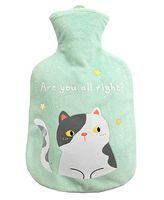 Cute Cat Hot Water Bottle with Cover Great for Pain Relief Hot and Cold Therapy 1000 ML /34 Oz, Green