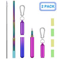 2 Pack Collapsible Reusable Straws Telescopic Stainless Steel Metal Straws with Portable Aluminum Travel Case & Cleaning Brush & Keychain & Silicone Tips for Cold or Hot Drink(Blue Purple/Pink Purple)