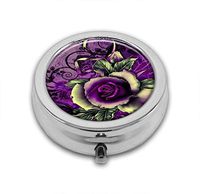 LuxSweet Pill Box Personalized Design New Silver Round Pill Box Decorative Metal Medicine Vitamin Organizer Unique Gift (Purple Rose Pattern)