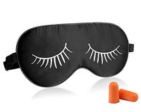 Fitglam Natural Silk Sleep Mask / Eye Mask with Eyelashes Patterns & Free Ear Plugs, 	Black With White Eyelashes