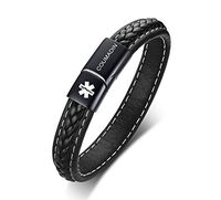 VNOX Medical Alert ID COUMADIN Black Handmade Braided Genuine Leather Magnetic Cuff Bangle Bracelet,8.3"