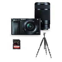 Sony Alpha A6000 Mirrorless Camera with 16-50mm f/3.5-5.6 OSS & 55-210mm f/4.5-6.3 OSS Lenses, Black Bundle with Slik Pro II 4-Section Aluminum Tripod with BallHead, 64GB SDXC U3 Card