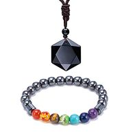 Black Obsidian Hexagram Natural Stone Pendant Necklace and Hematite Bracelet Hematite Metal Magnetic Therapy Bracelets