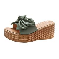 Cenglings Women Summer Open Toe Bowknot Slip On High Heel Rome Shoes Wedges Party Slippers Platform Beach Slides Flip Flops(Green,40)