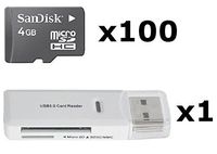 100 PACK - SanDisk 4GB MicroSD HC Memory Card SDSDQAB-004G (Bulk Packaging) LOT OF 100 with USB 2.0 MicoSD & SD Memory Card Reader 