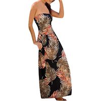 uookboy New Women Boho Sleeveless Off Shoulder Dress O Neck Print Long Dress Beach Casual Sexy Party Wedding Maxi Dress (Black, L)