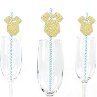 Gold Glitter Boy Baby Bodysuit Party Straws - No-Mess Real Gold Glitter Cut-Outs and Decorative Boy Baby Shower Paper Straws - Set of 24