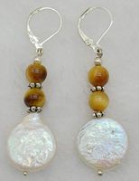 1 pair Handmade 14mm Coin White Pearl6mm Gold Tigers Eye Gemstone Earrings Best Accessory Good Jewerly Accessories Women Fashion Stylish Design Bright Designer