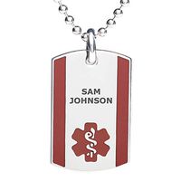 Divoti Deep Custom Laser Engraved Stainless Steel Medical Alert Necklace for Men, Steel Urban Tag Medical ID Necklace, Medical Dog Tag w/Free Engraving Chain 24 in Ball-Red