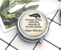 Edgar Allan Poe Keychain I Became Insane with Long intervals of Horrible Compact 3 Compartment Medicine Case, Pill Box for Pocket or Purse Pill Box Decorative Pill Case with Gift Box