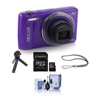 Minolta 20 Mega Pixels HD Digital Camera w/12x Optical Zoom, Purple - Bundle with 32GB MicroSDHC Card, Table Top Tripod, Camera Strap, Cleaning Kit,