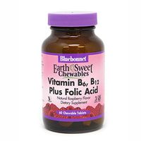 Bluebonnet Nutrition Earth Sweet Vitamin B6, B12, Plus Folic Acid Chewable Tablets, Vegan, Vegetarian, Gluten Free, Soy Free, Milk Free, Kosher, 60 Chewable Tablets, Raspberry Flavor