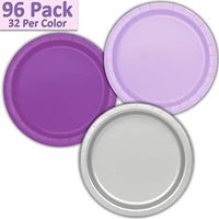 96 Paper Dinner Plates (9") - Lavender, Pretty Purple, Silver - 32 Per Color, 3 Colors - Great Assortment for Birthday Parties, Weddings, Holidays, Baby Shower, Celebrations, and more