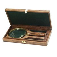 9-1/4" Brass and Wood Antique Magnifier Glass and Storage Case Reproduction