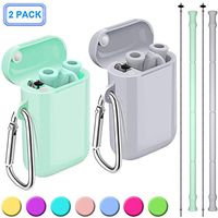 Henva 2 Pack Reusable Collapsible Straws for Kids Adult, BPA Free and Food-Grade Silicone Drinking Straws with Portable Keychain Case and Cleaning Brush for Juice, Coffee and Smoothie, Ocean Blue/Gray